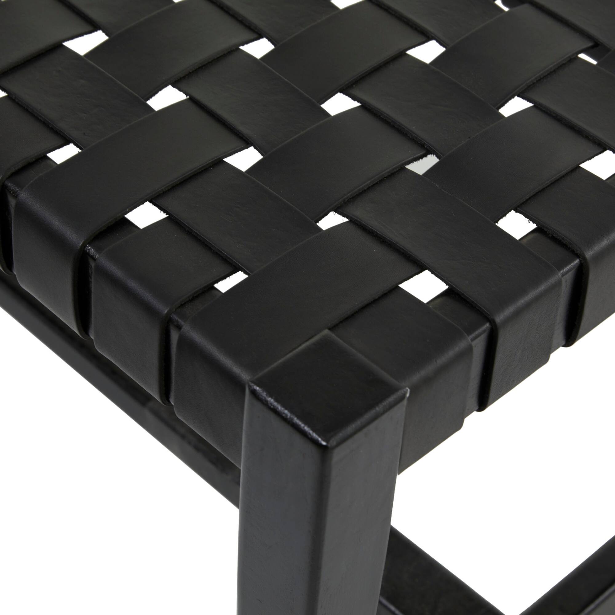 47" Black Leather Handmade Woven Seat Bench
